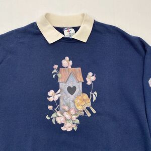 VTG Jerzees Bird Sweatshirt Birdhouse Collared Grandmacore 90s Blue Womens 2X